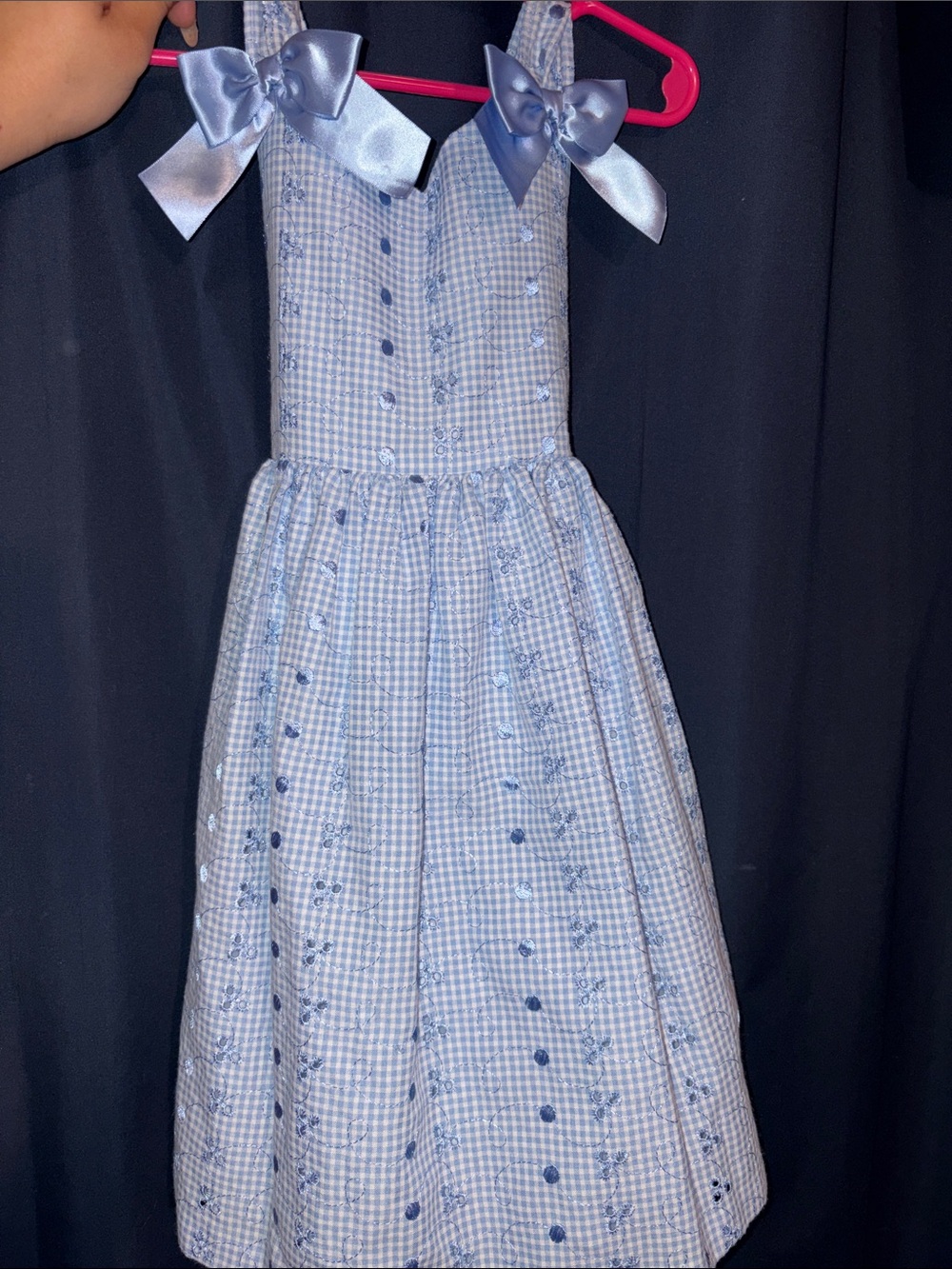 Girls' Light Blue Gingham Bow-Shoulder Dress